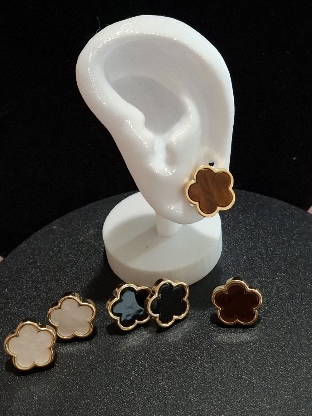 Gold-Trim Flower Stud Earrings - Brown, Black, Cream Options